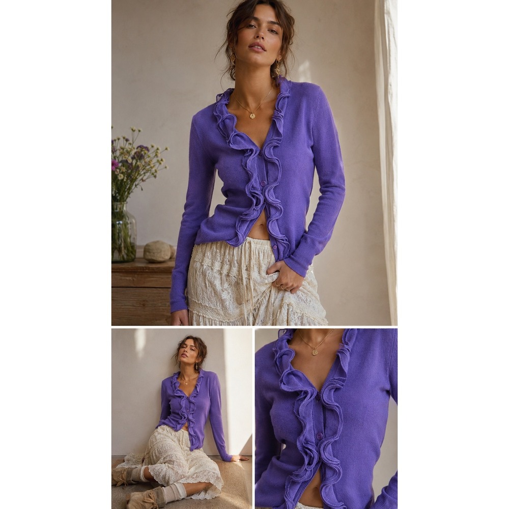 Vila Milano Purple Ruffle Trim Cardigan Lightweight‎ Knit Sweater Small NWT